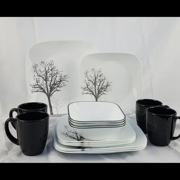 Dining Corelle Square Timber Shadow Dinnerware 16pc With Black